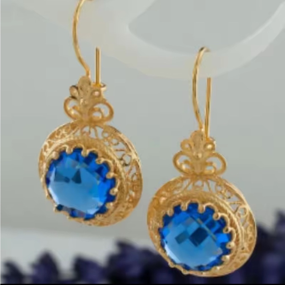 Gold Filigree Earrings with Blue Gemstone